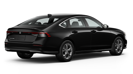 ¾ driver side rear facing view of 2023 Accord Touring Hybrid model in Crystal Black Pearl colour