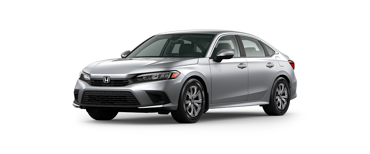 ¾ driver side front facing view of 2023 Civic Sedan LX model in Lunar Silver Metallic colour