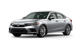 ¾ driver side front facing view of 2023 Civic Sedan EX model in Lunar Silver Metallic colour