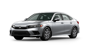 ¾ driver side front facing view of 2023 Civic Sedan LX model in Lunar Silver Metallic colour