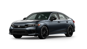 ¾ driver side front facing view of 2023 Civic Sedan Sport model in Meteoroid Gray Metallic colour