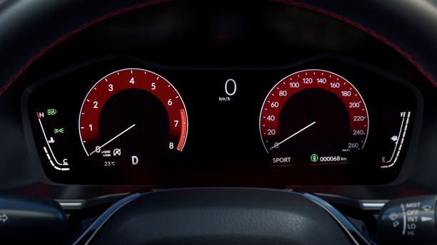 Closeup of TFT Driver Meter Display showing tachometer, speedometer, odometer, etc.