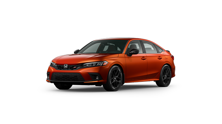 ¾ driver side front facing view of 2023 Civic Sedan Si model in Blazing Orange Pearl colour