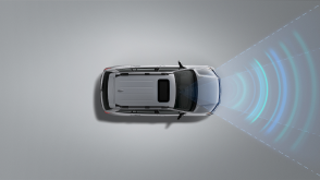 Bird’s eye view of grey Passport. Blue sensor waves emit from the front. 