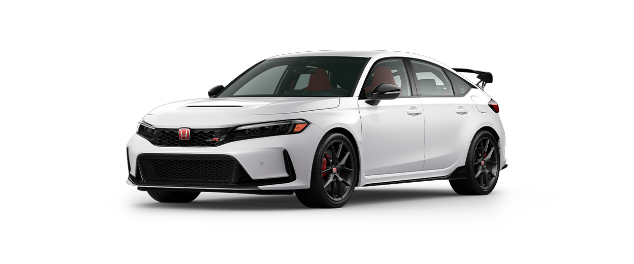 ¾ driver side rear facing view of 2023 Civic Type R model in Championship White colour