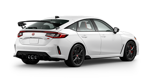 ¾ driver side front facing view of 2023 Civic Type R model in Championship White colour