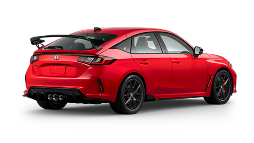 ¾ driver side front facing view of 2023 Civic Type R model in Rallye Red colour