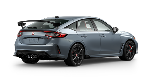 ¾ driver side rear facing view of 2023 Civic Type R model in Sonic Grey Pearl colour